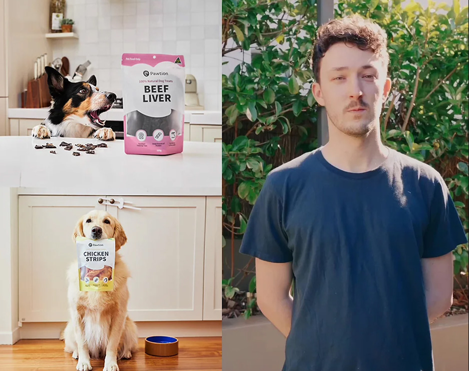 Man and Dogs with Dog Food Products