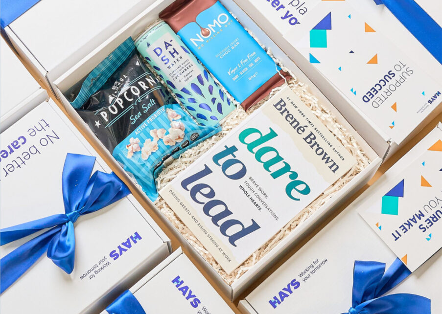 Box of chocolate bars, sparkling water, popcorn and inspirational book