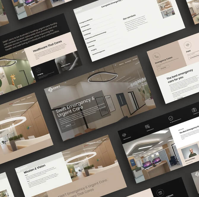 A collection of website design layouts for a healthcare or urgent care service