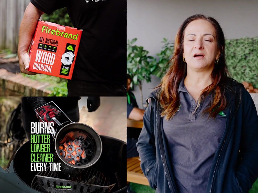 Woman promoting Firebrand WOOD CHARCOAL