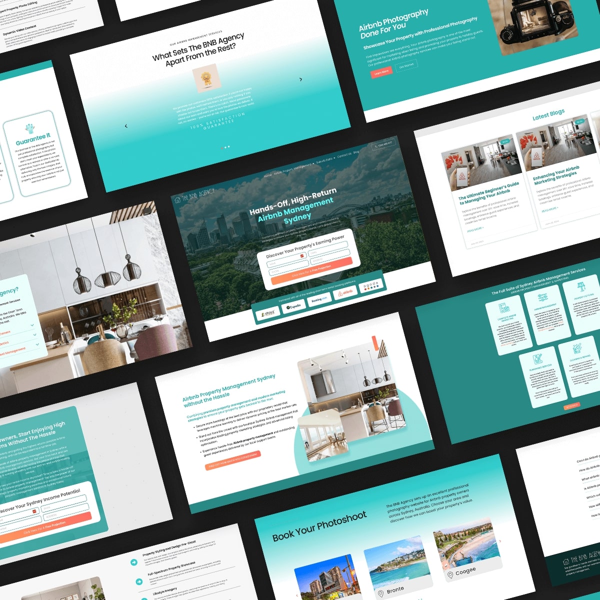 Grid of web page designs for The BNB Agency