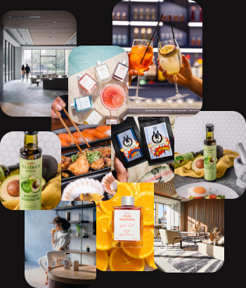 Grid images of drinks with a couple and a woman