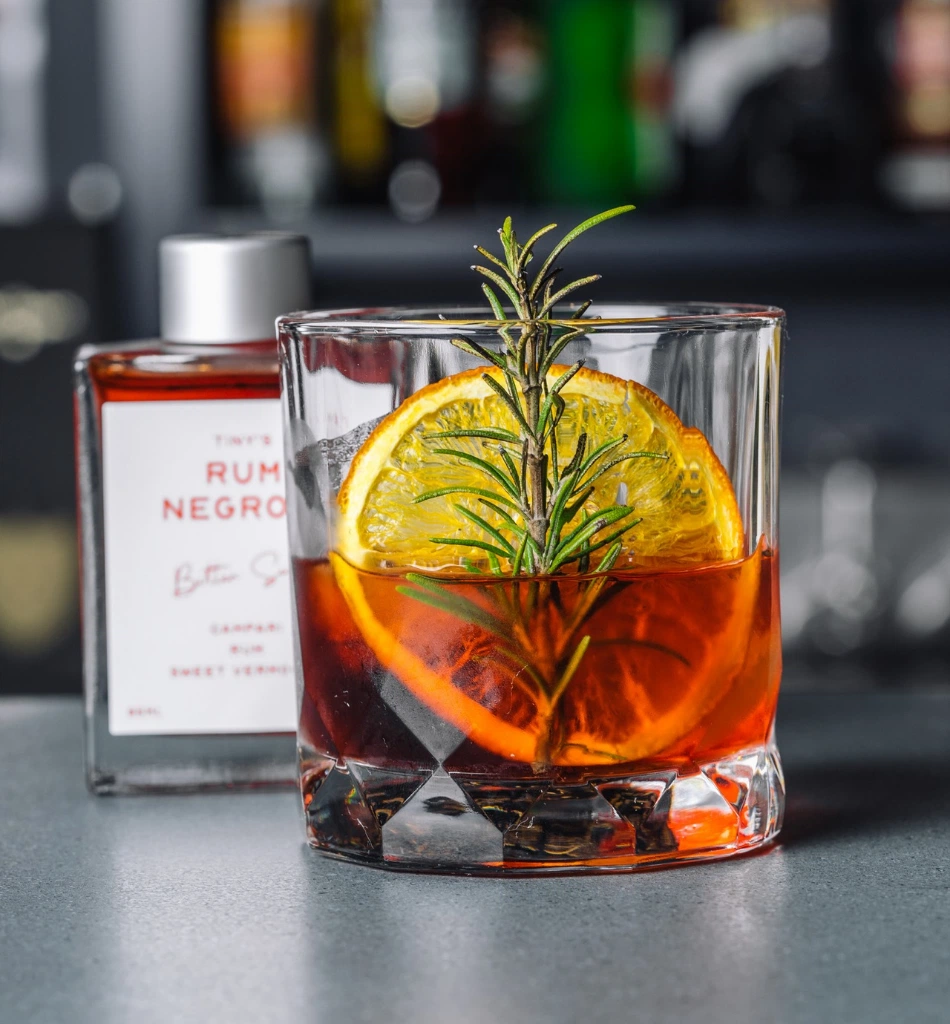 A glass of Rum Negroni by Tiny's Sandwich Bar
